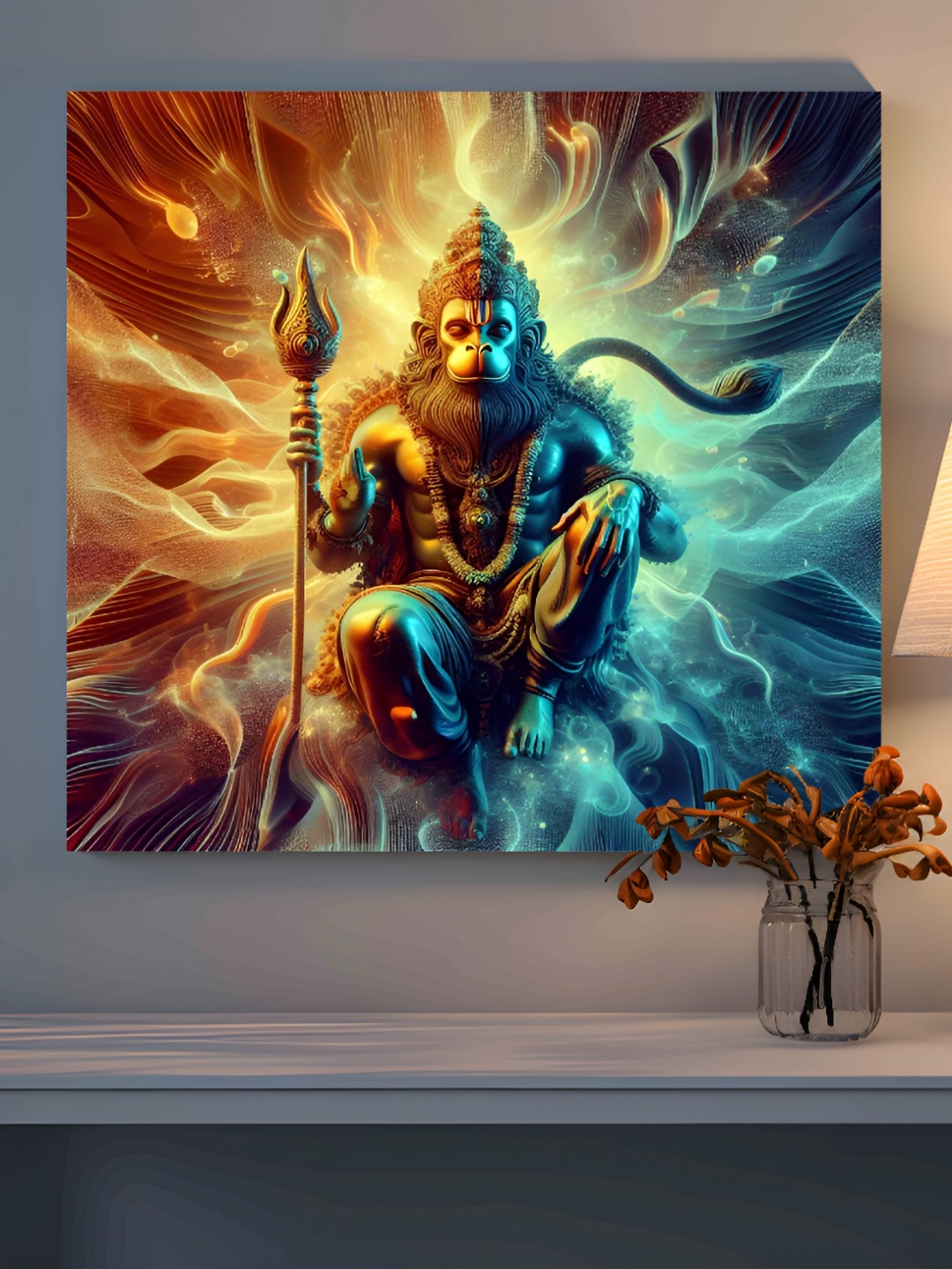 

SAF Brown & Blue Wooden Hanuman ji Religious Wall Paintings