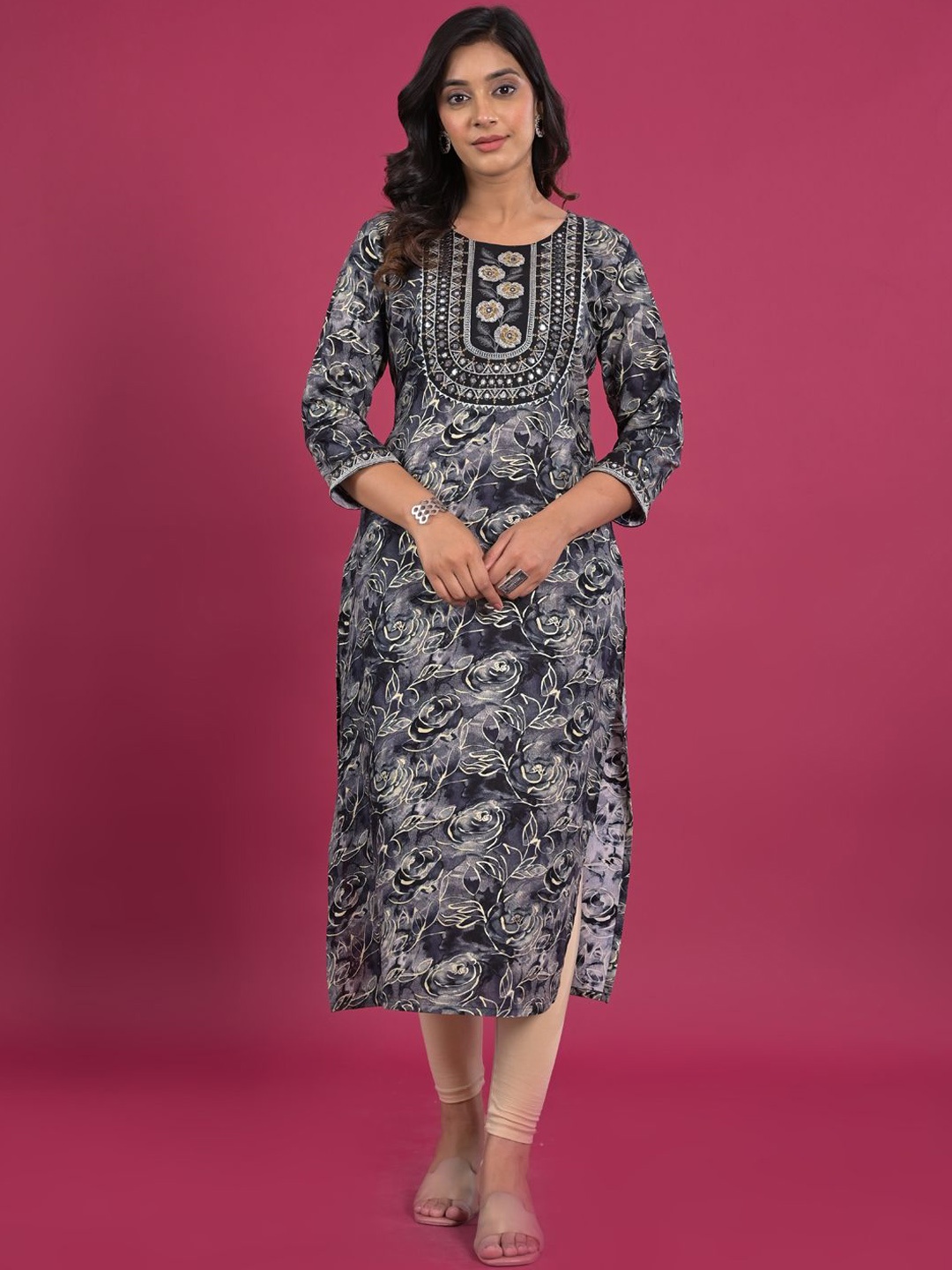 

Readiprint Fashions Floral Printed Round Neck Thread Work Straight Kurta, Black