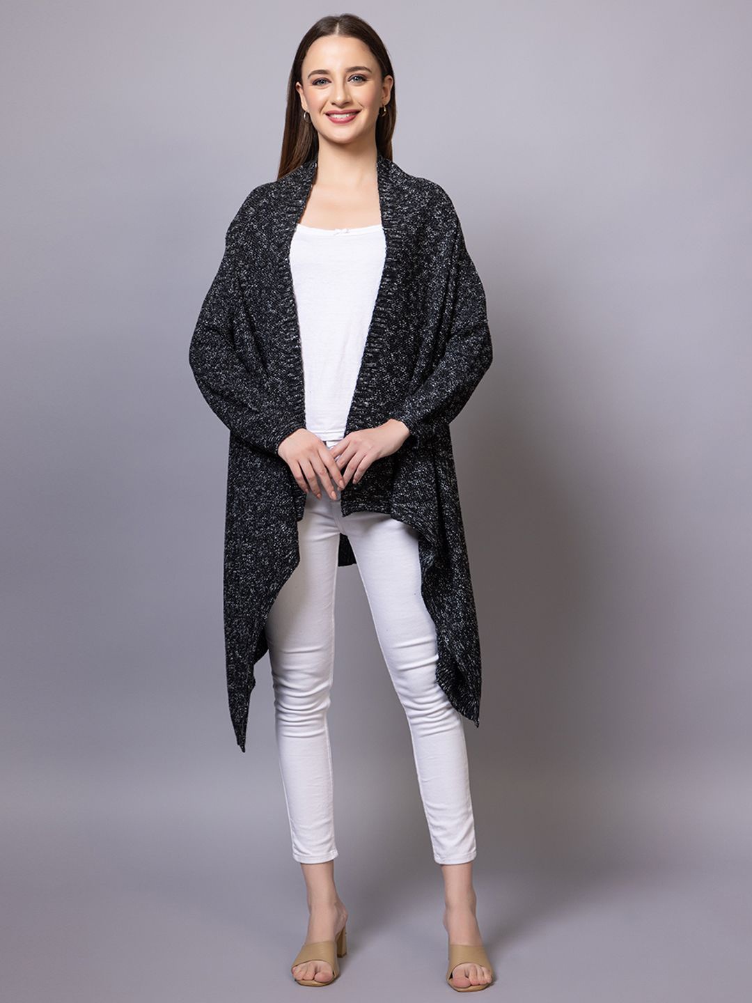 

Anouk Black Self Design Longline Open Front Shrug