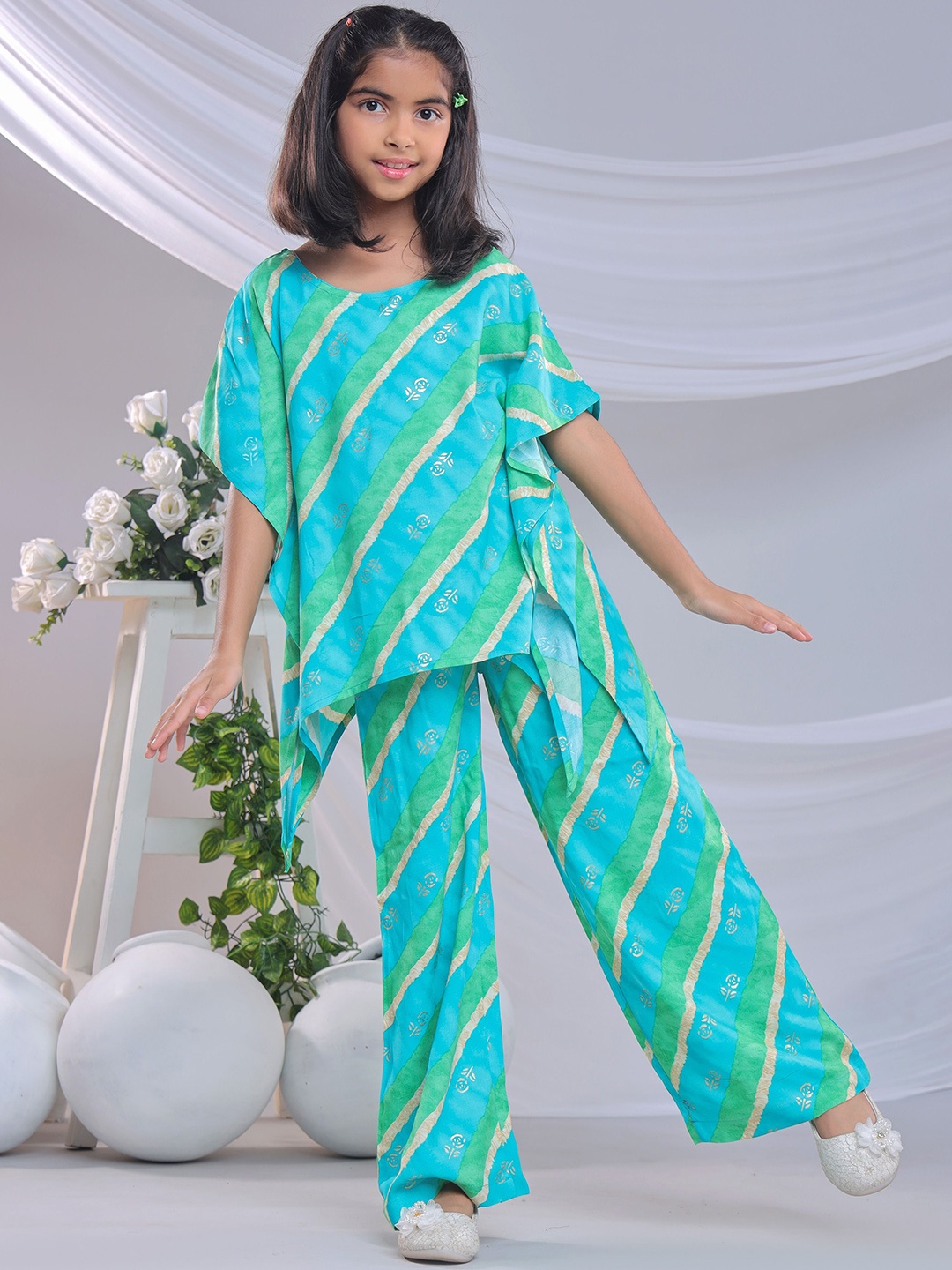

BAESD Girls Printed Pure Cotton Top With Palazzo, Turquoise blue