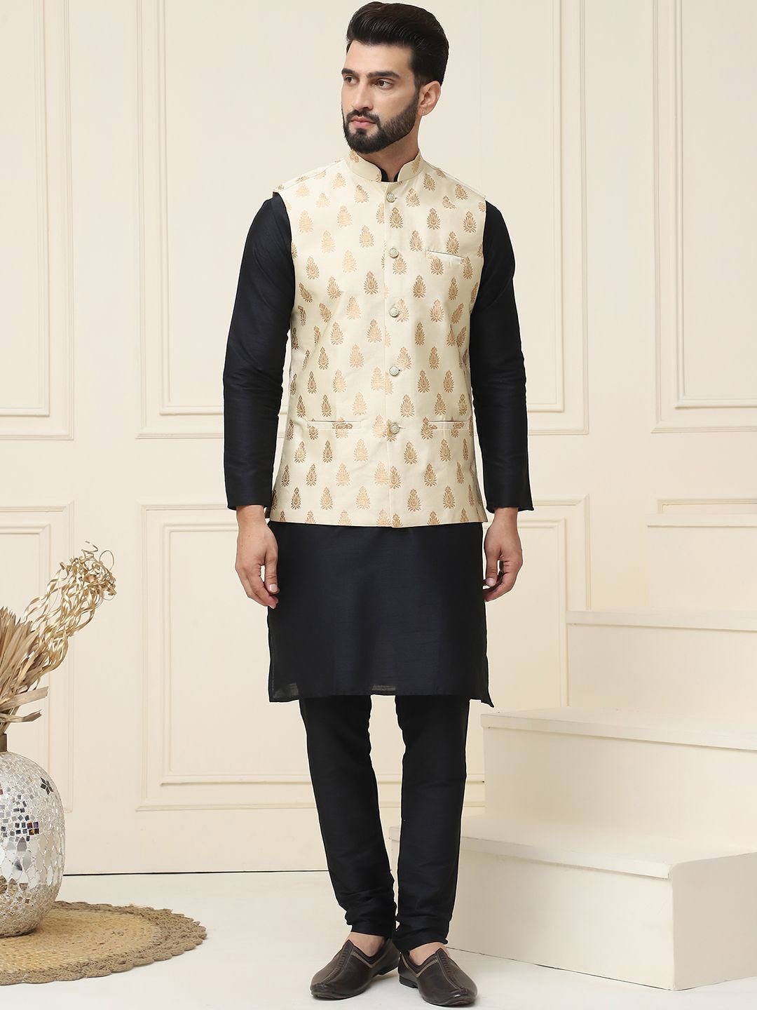 

SOJANYA Mandarin Collar Silk Cotton Straight Kurta with Churidar & Nehru jacket, Black