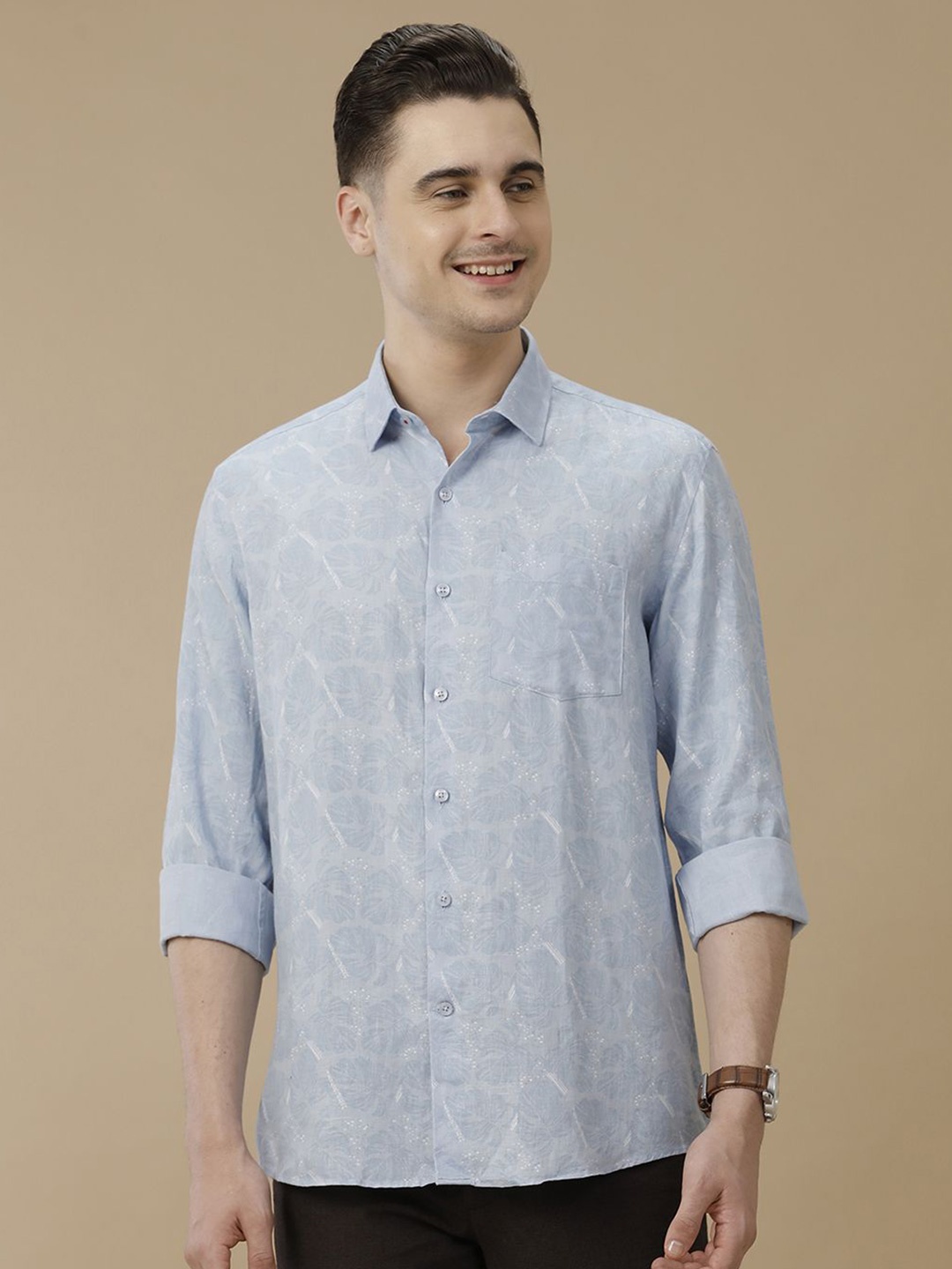 

Linen Club Men Contemporary Slim Fit Tropical Printed Linen Shirt, Blue