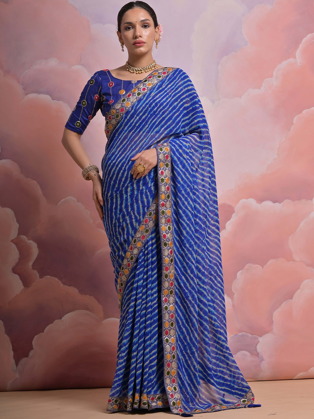 

Krimmple Leheriya Sequinned Pure Georgette Saree, Blue