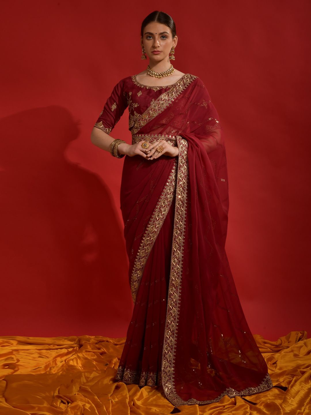 

Krimmple Floral Embroidered Pure Georgette Saree, Maroon