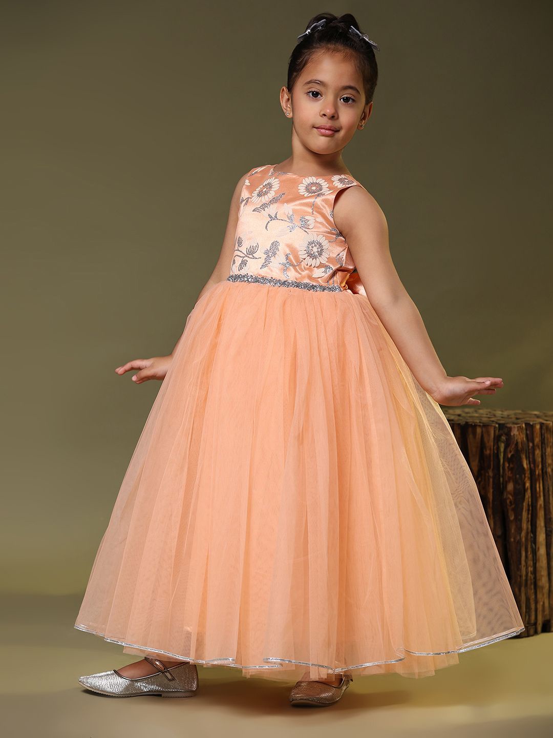 

Toy Balloon Kids-Girls Floral Net Fit & Flare Maxi Dress, Orange