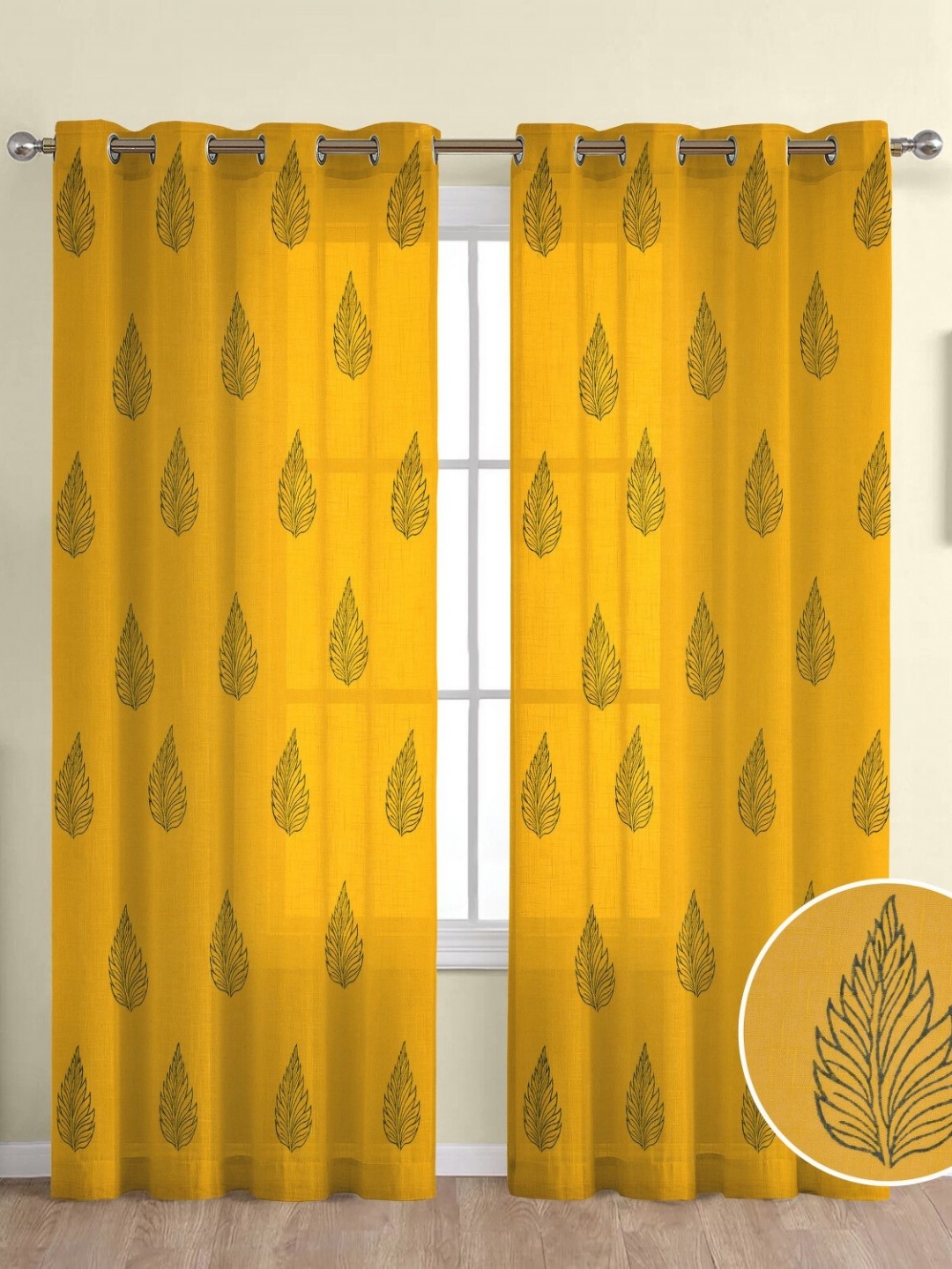 

THE LINEN COMPANY Mustard & Blue 2 Pieces Floral Sheer Window Curtains