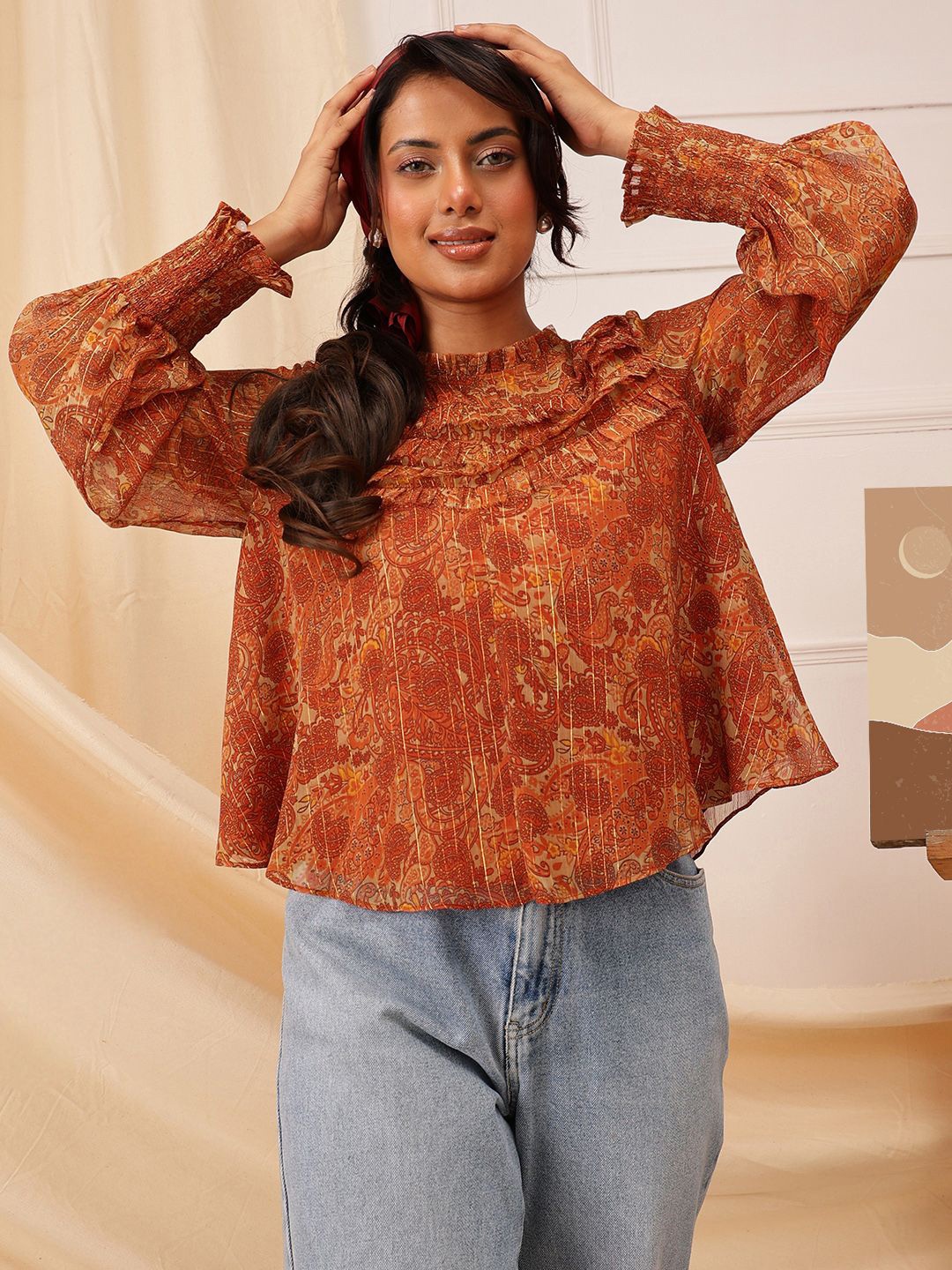 

QUIERO Women Floral Printed Round Neck Top, Orange