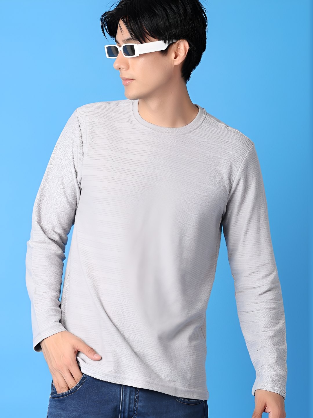

V-Mart Men Self Design Round Neck Cotton Slim Fit T-shirt, Grey