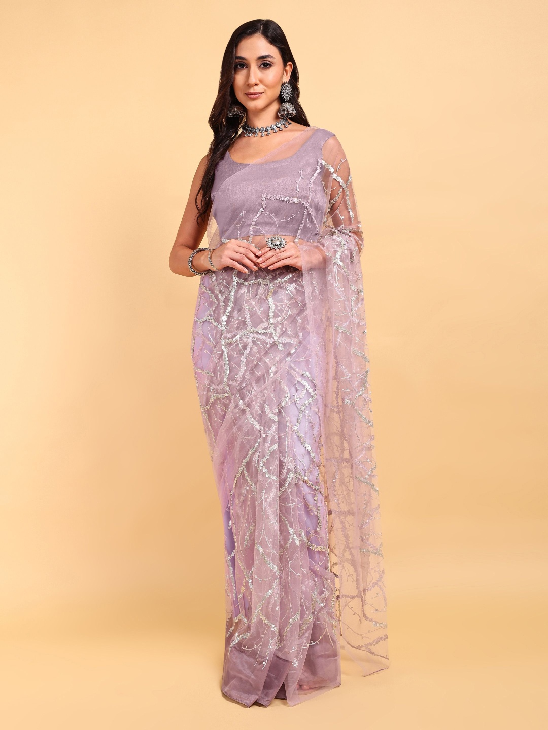 

DOERAA Sequinned Embroidered Net Saree, Lavender