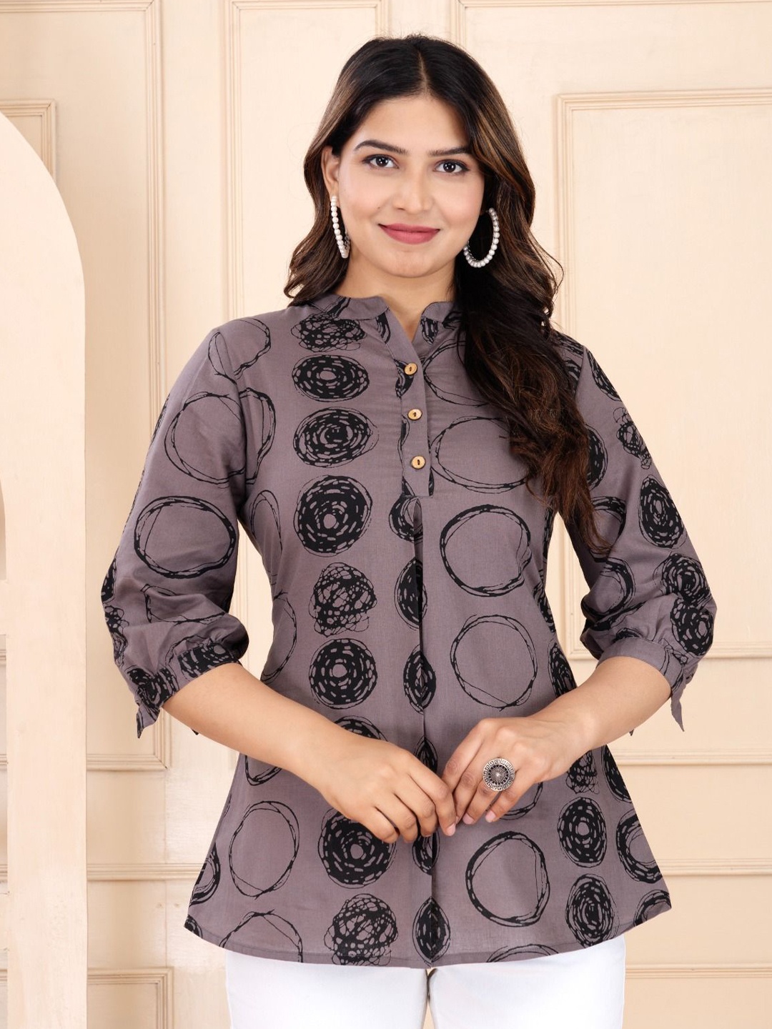 

Cloth Bites Women Floral Printed Shirt Collar Cotton Top, Brown