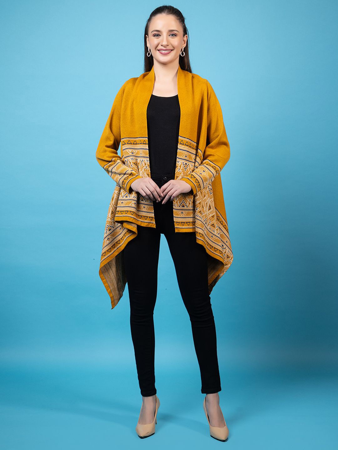 

Anouk Mustard Printed Open Front Shrug