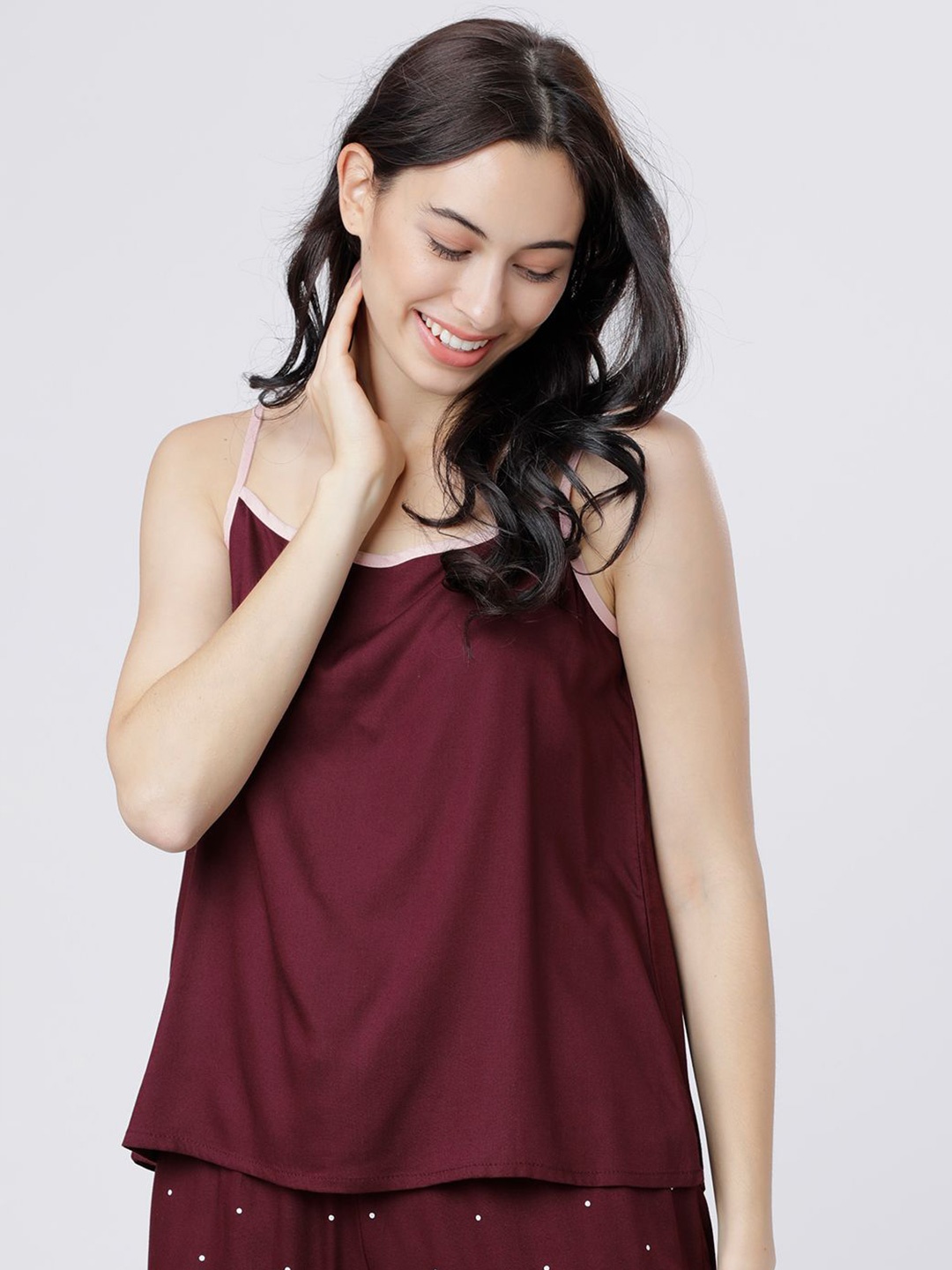 

Tokyo Talkies Women Solid Shoulder Straps Top, Burgundy