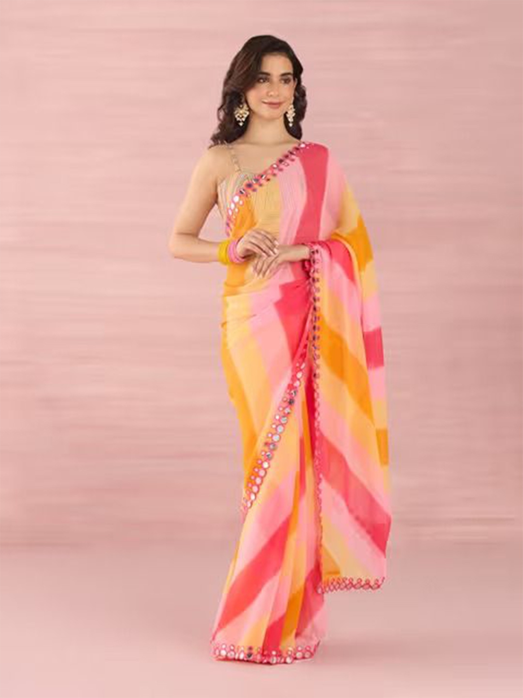 

Krimmple Striped Mirror Work Pure Georgette Saree, Peach