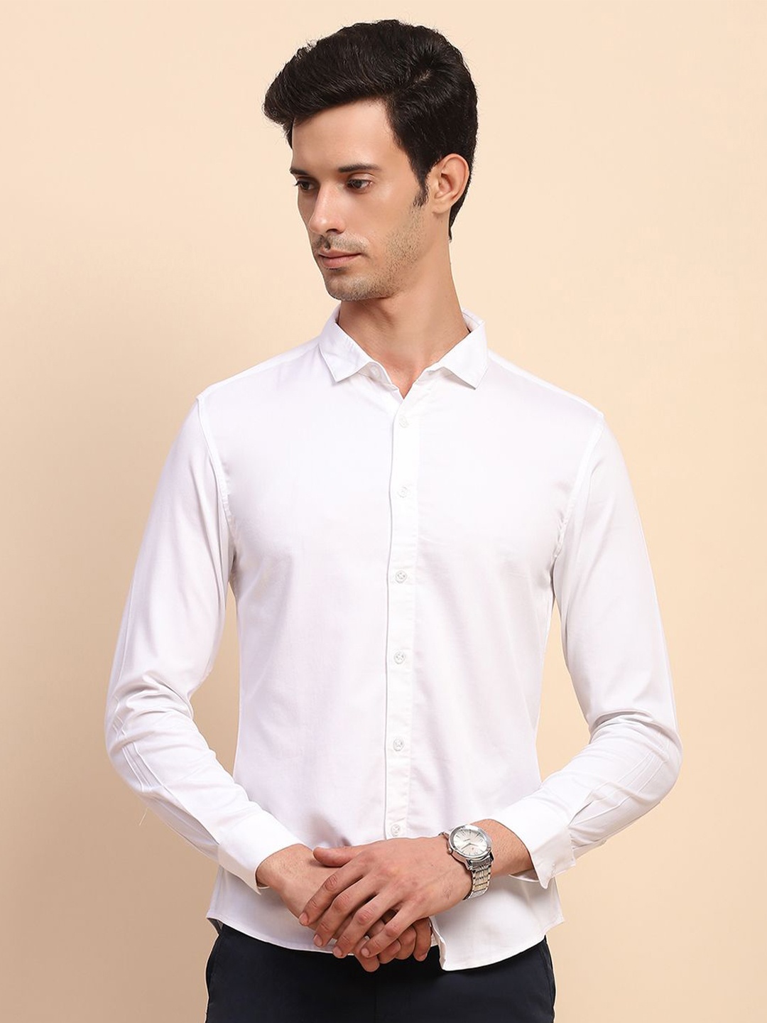 

CAMLA Men Spread Collar Solid Acrylic Casual Shirt, White