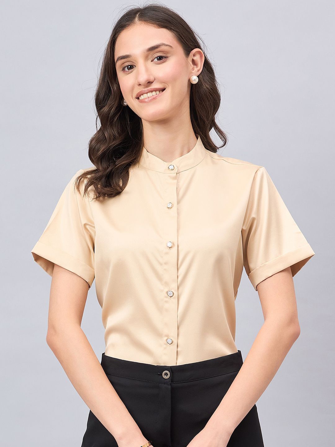 

Style Quotient Women Solid Satin Party Shirt, Champagne