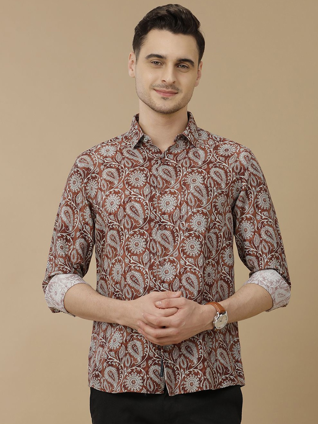 

Linen Club Men Contemporary Slim Fit Ethnic Motifs Printed Casual Shirt, Brown