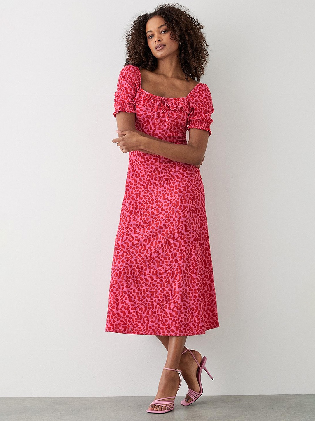 

DOROTHY PERKINS Animal Print Puff Sleeve Fit & Flare Dress, Pink