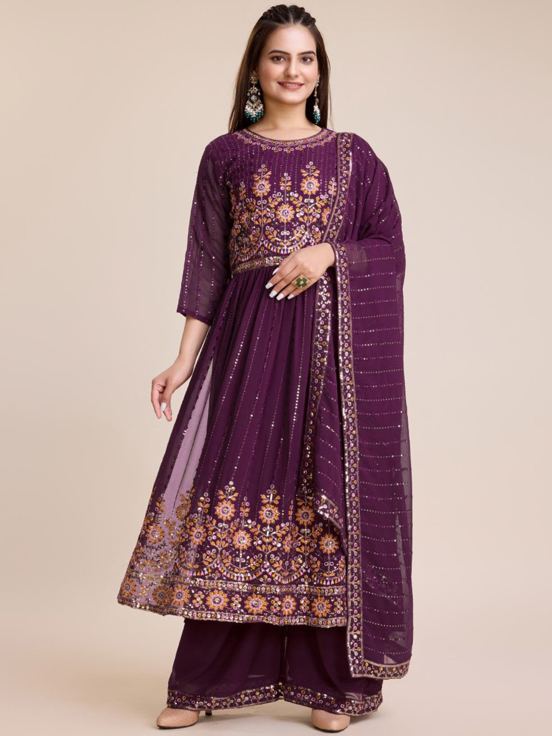 

ZARIMO Floral Embroidered Sequinned Jacquard Weave Georgette Kurta with Palazzos & Dupatta, Purple