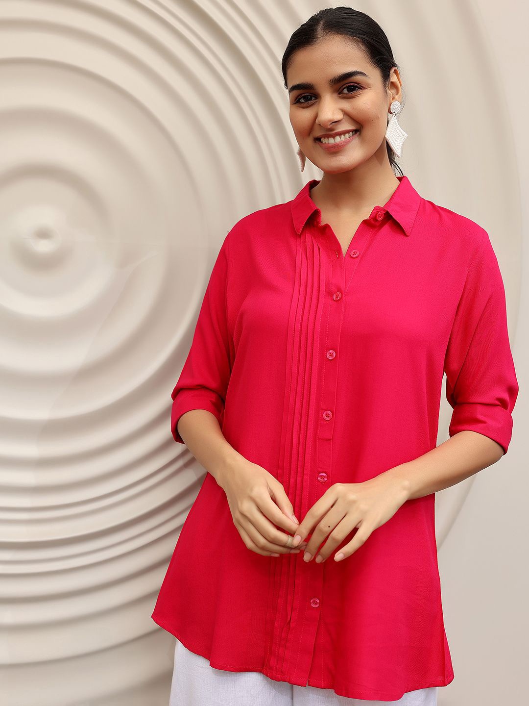 

Libas Women Shirt Collar Cotton Tunic, Pink