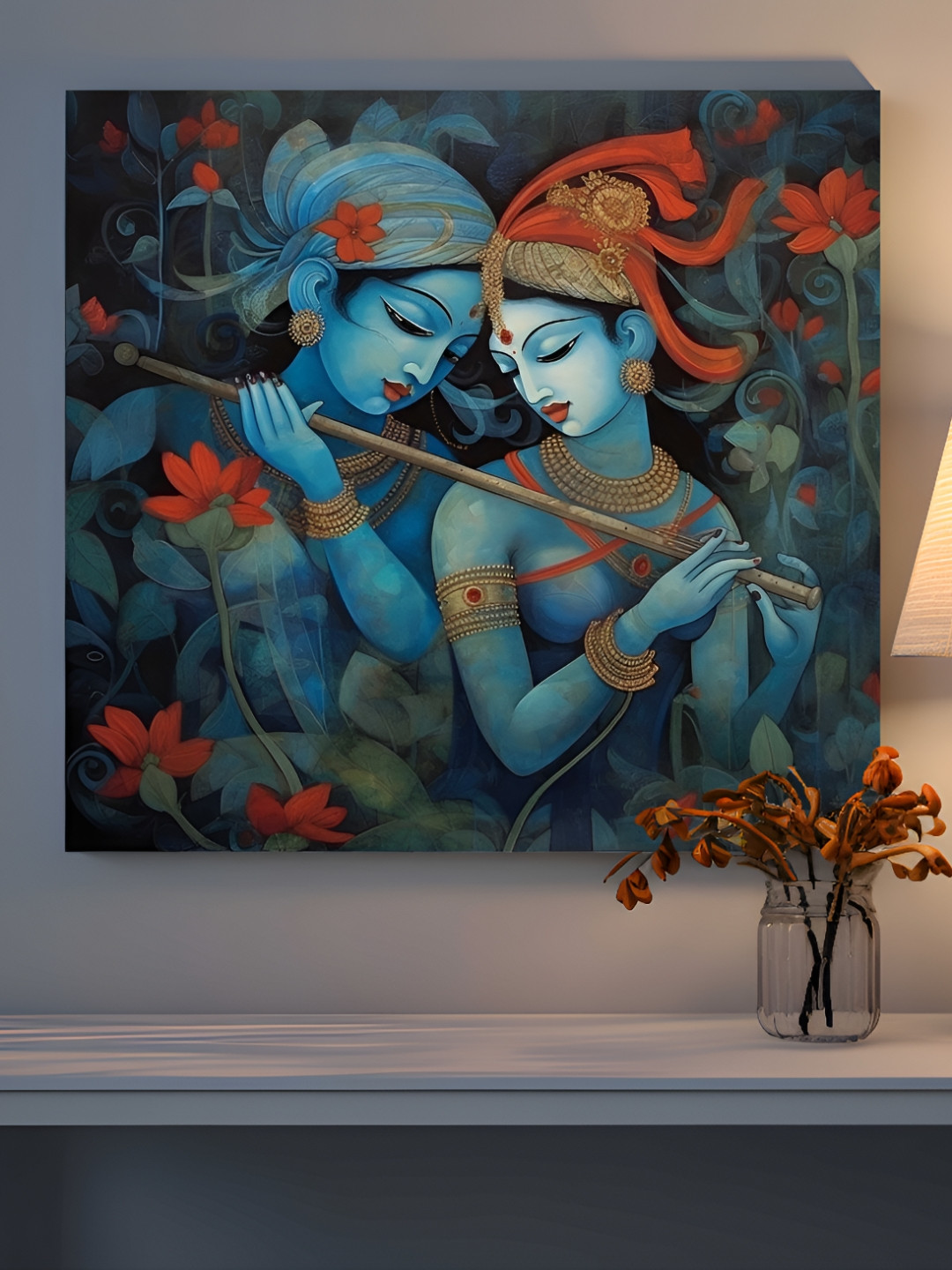 

SAF Blue & Orange Wooden Canvas Radha Krishna Religious Wall Art