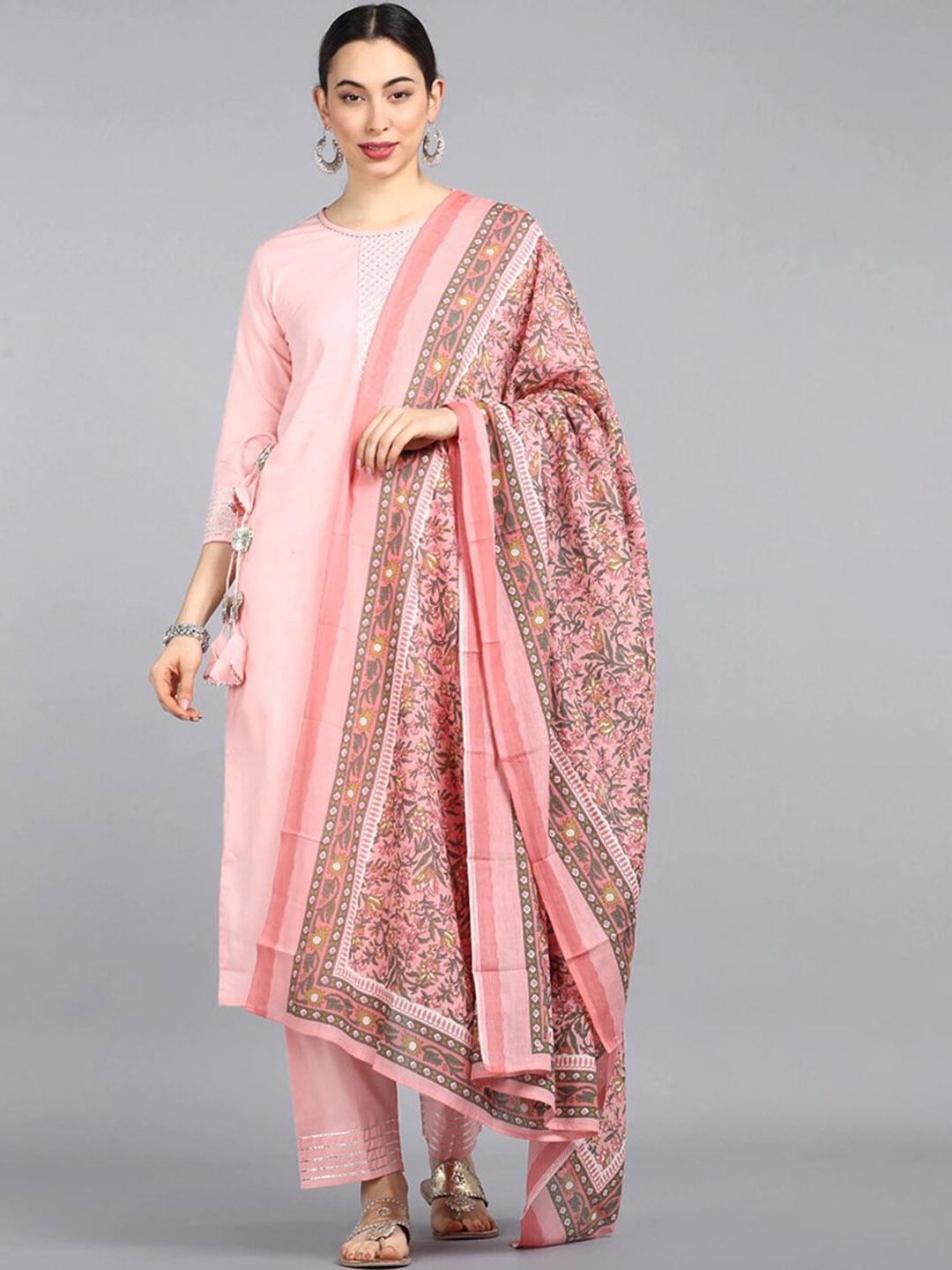 

AHIKA Pink Embroidered Round Neck Gotta Patti Pure Cotton Kurta with Trousers & Dupatta