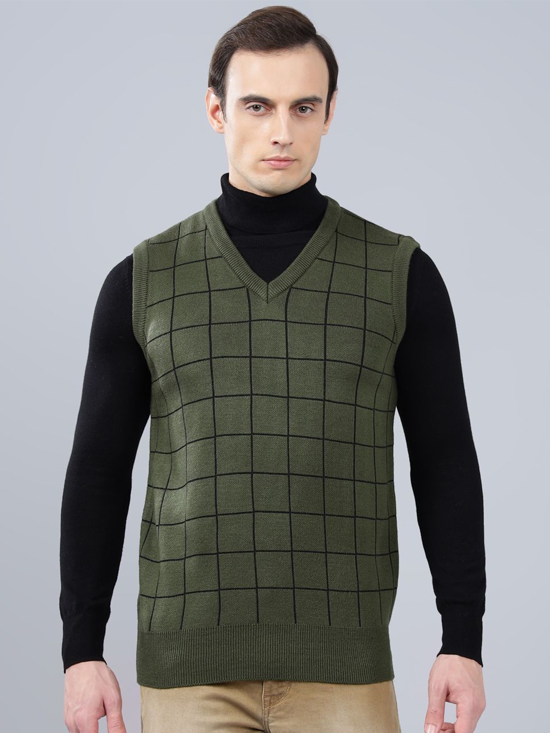 

Cantabil Men Checked Sweater Vest, Olive