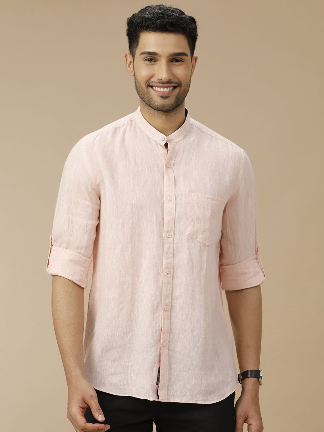 

Linen Club Men Contemporary Mandarin Collar Solid Slim Fit Casual Shirt, Orange
