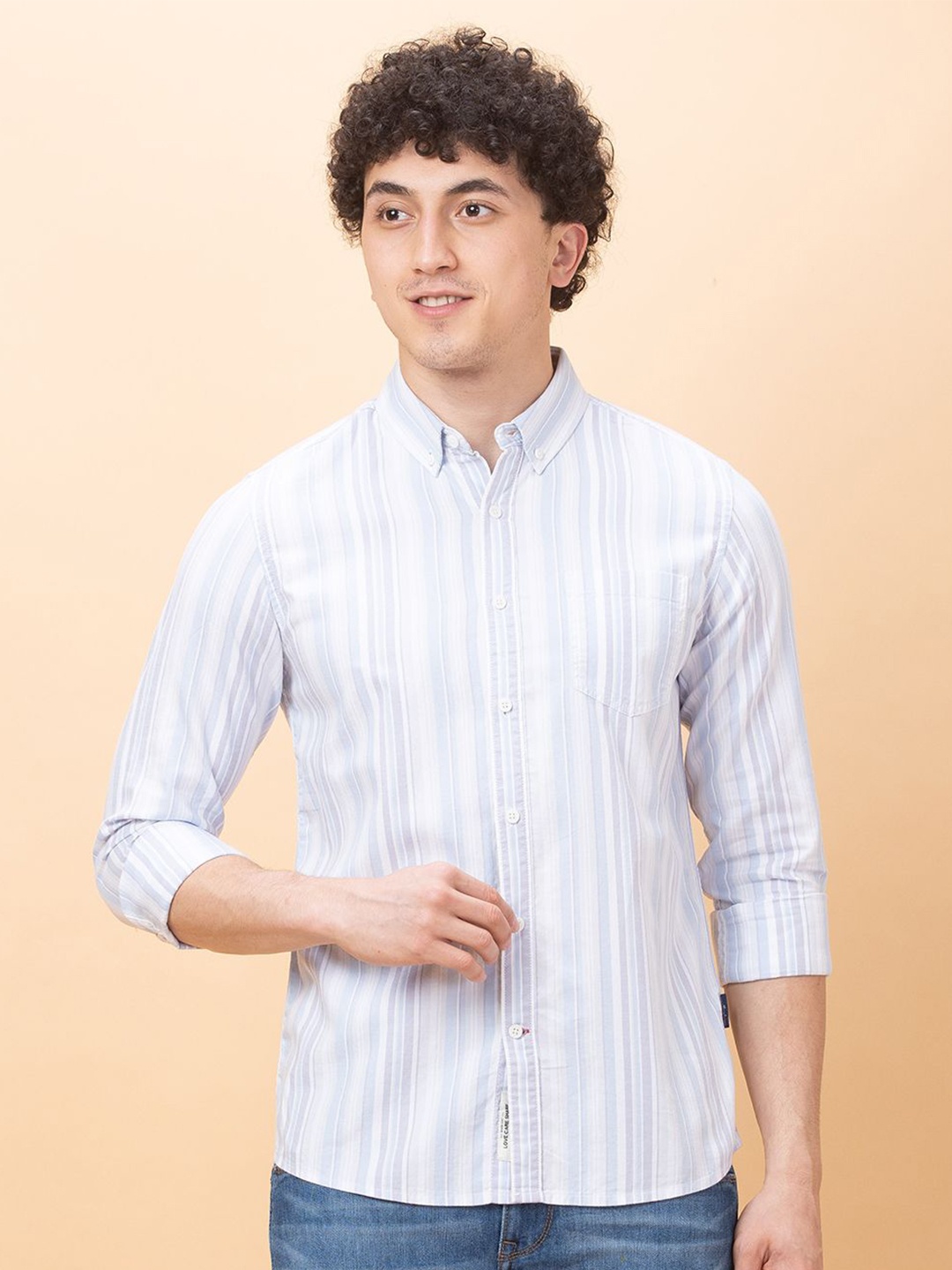 

Being Human Men Button-Down Collar Vertical Striped Cotton Slim Fit Casual Shirt, White