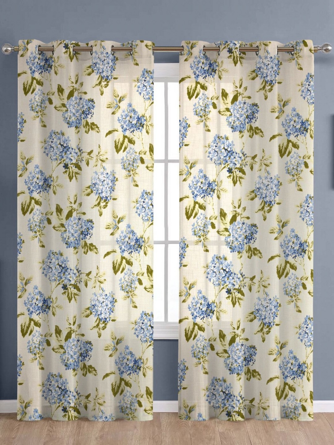 

THE LINEN COMPANY Beige & Blue 2 Pieces Floral Printed Sheer Window Curtains