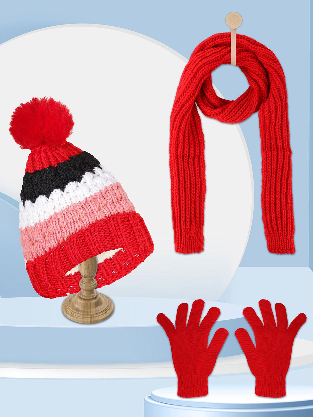 

PASSION PETALS Kids Woollen Beanie With Scarf Muffler & Gloves, Red