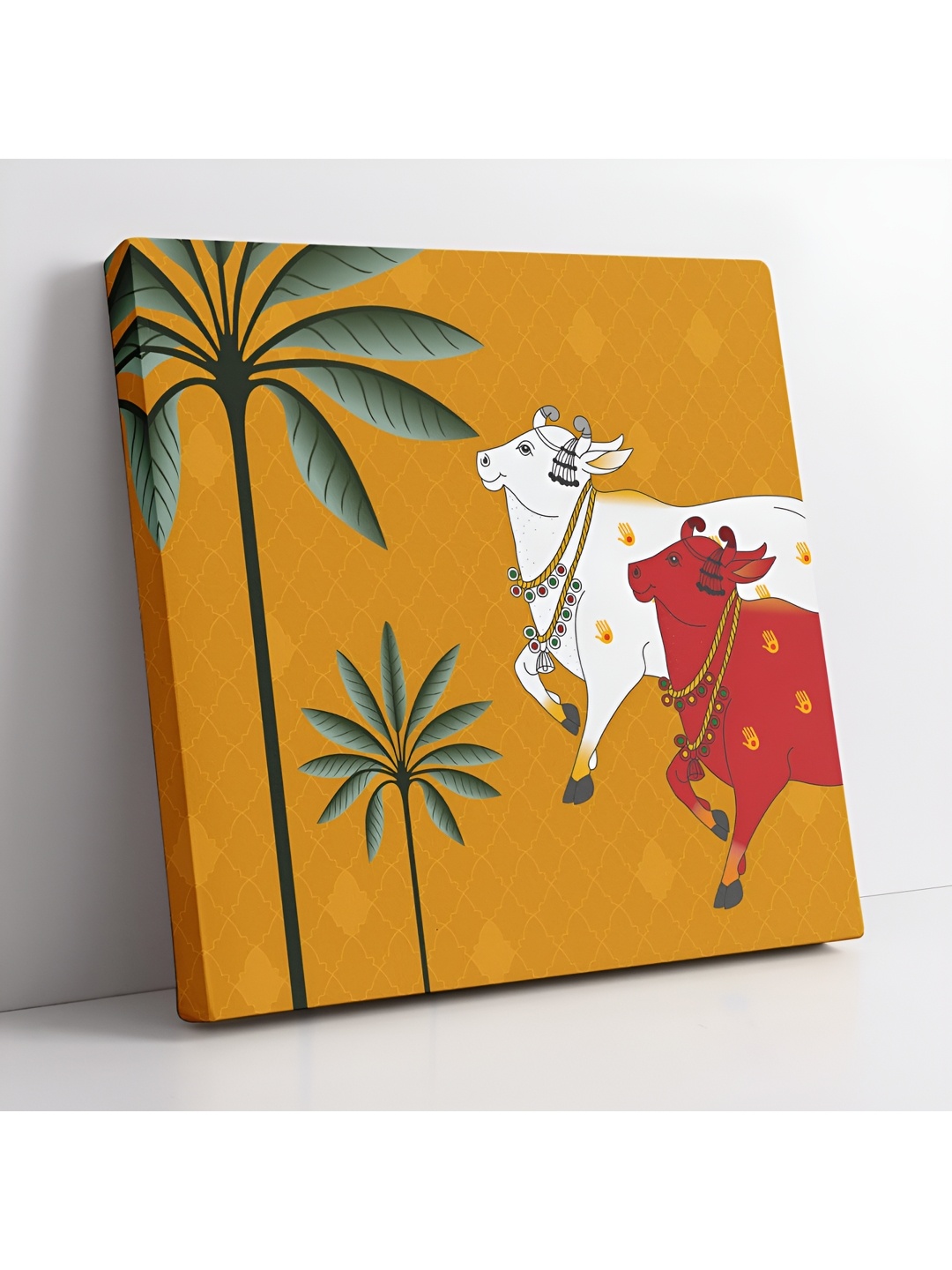 

SAF Mustard Yellow & White Wooden Canvas Pichwai Cow Birds and Animals Wall Art