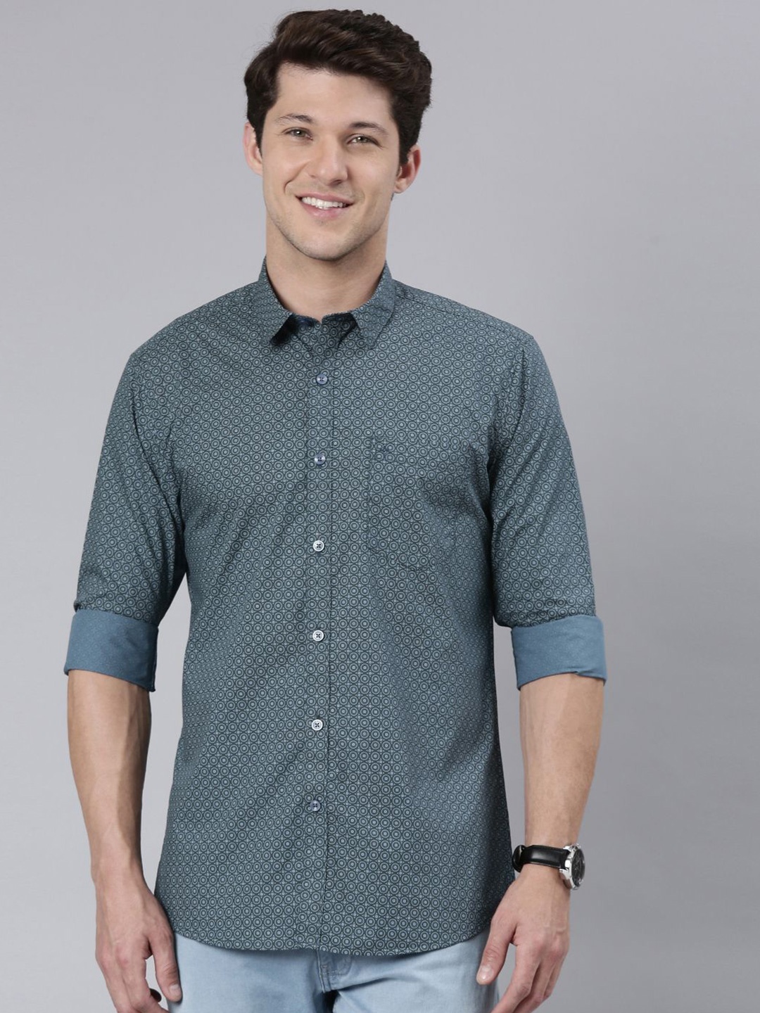 

Classic Polo Men India Slim Fit Geometric Printed Spread Collar Pure Cotton Casual Shirt, Teal