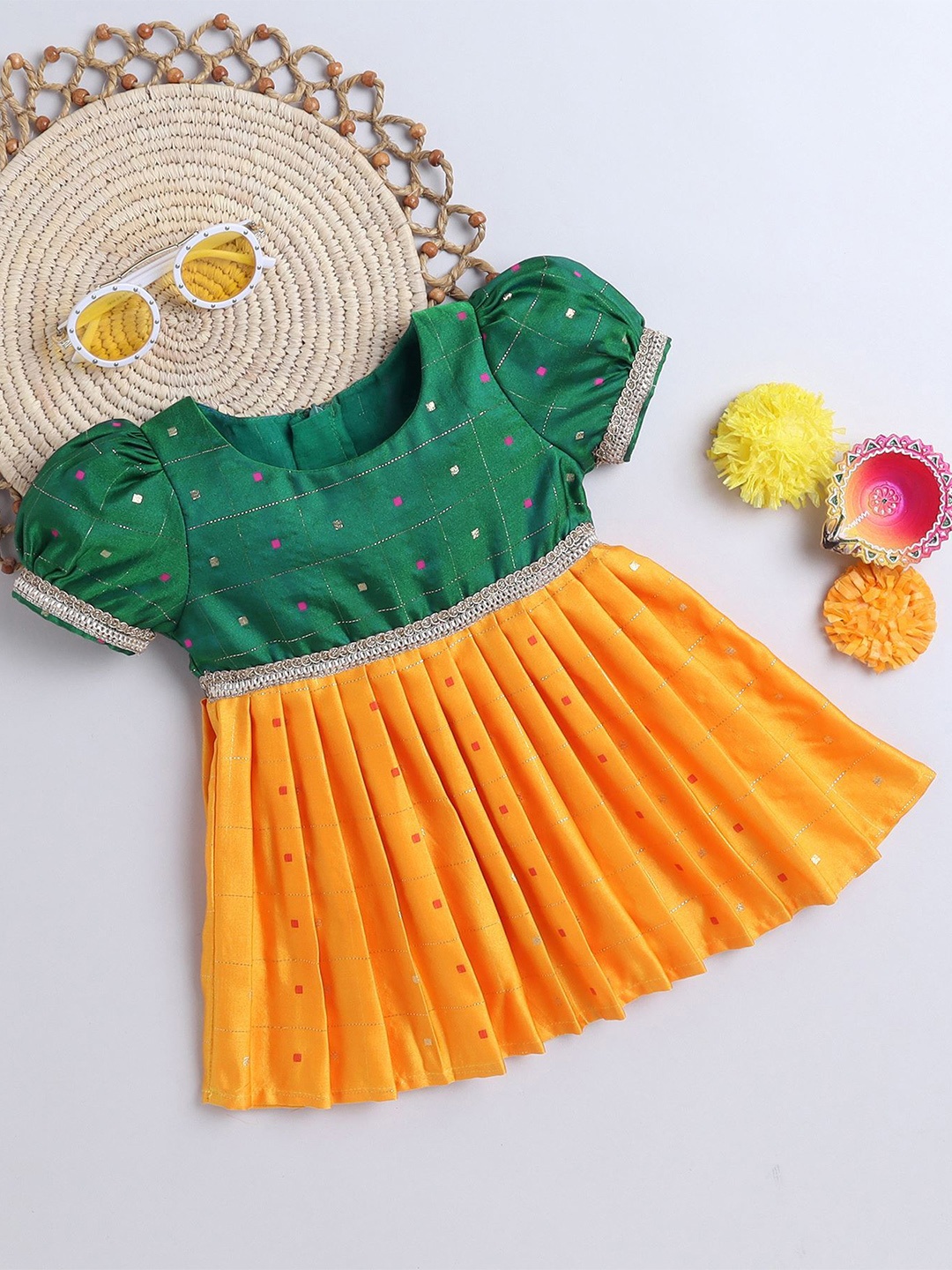

MANY FROCKS & Girls Colourblocked Fit & Flare Dress, Green
