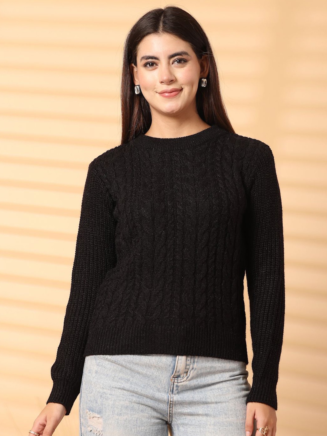 

Clora Creation Women Cable Knit Woollen Pullover Sweaters, Black