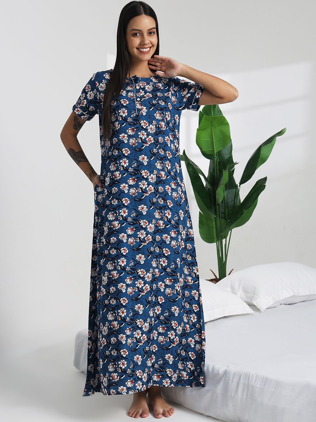 

Bannos Swagger Printed Pure Cotton Maxi Nightdress, Blue