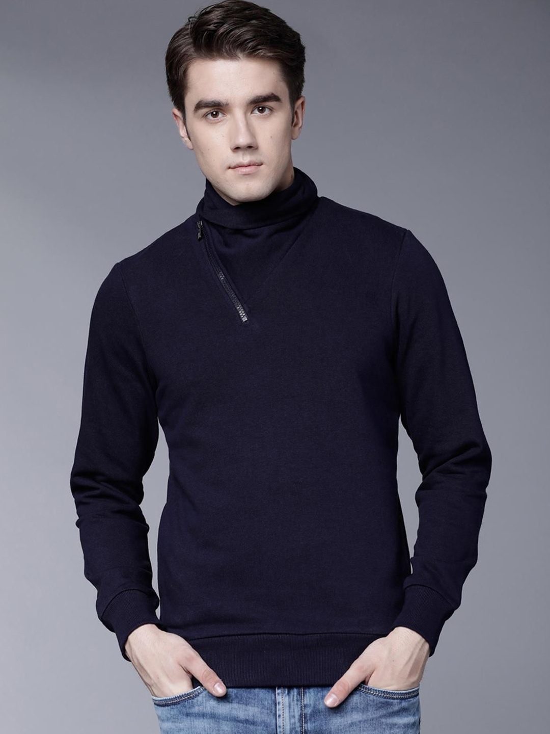 

HIGHLANDER Men Solid Mock Collar Leather Front-Open Sweatshirt, Navy blue