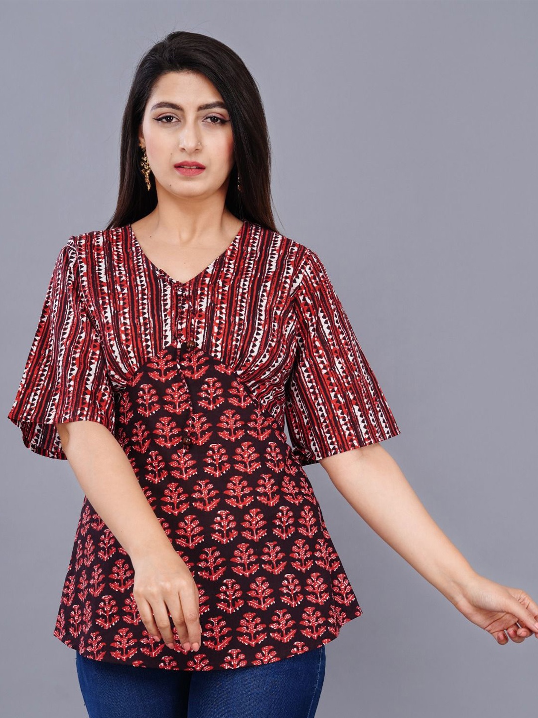 

Cloth Bites Women Cotton Floral Printed Flared Sleeves A-Line Top, Black