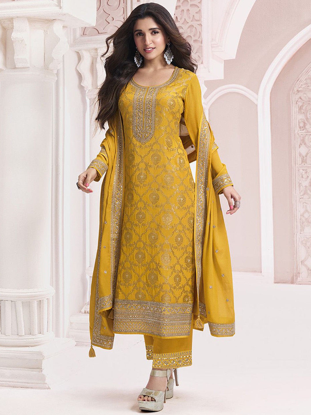 

Seerat Ethnic Motifs Woven Design Sequinned Silk Chiffon Kurta With Trousers & Dupatta, Yellow