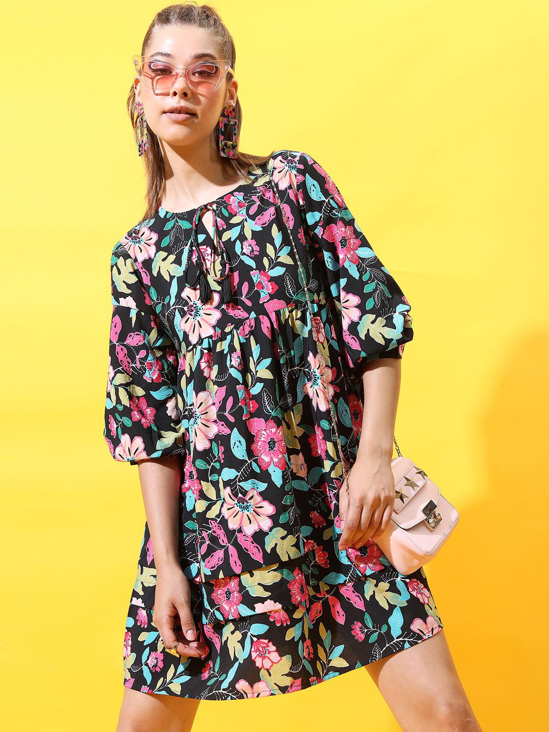 

Tokyo Talkies Floral Print Tie-Up Neck A-Line Dress, Black