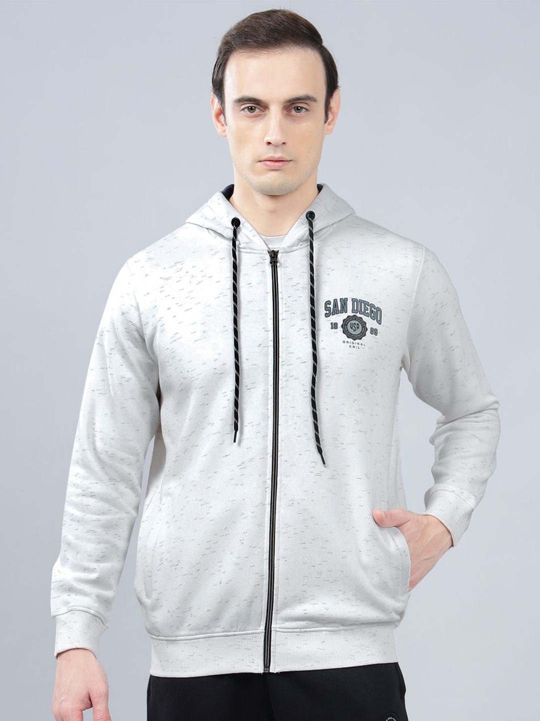 

Cantabil Men Printed Hooded Long Sleeves Front-Open Sweatshirt, Off white