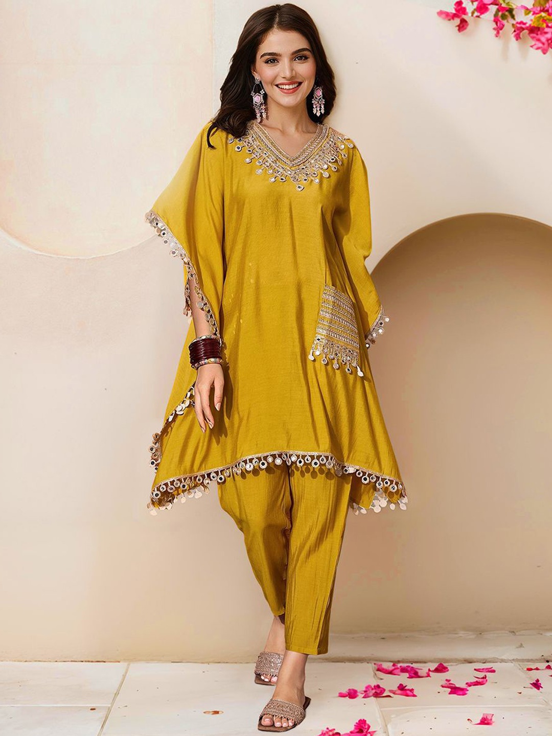 

Ishin Embellished V Neck Kaftan With Trousers, Yellow