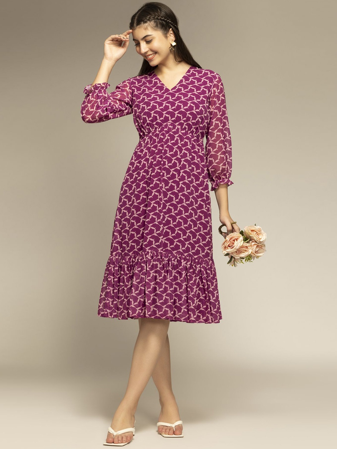 

OCTICS Women Abstract Print Puff Sleeve Fit & Flare Dress, Purple