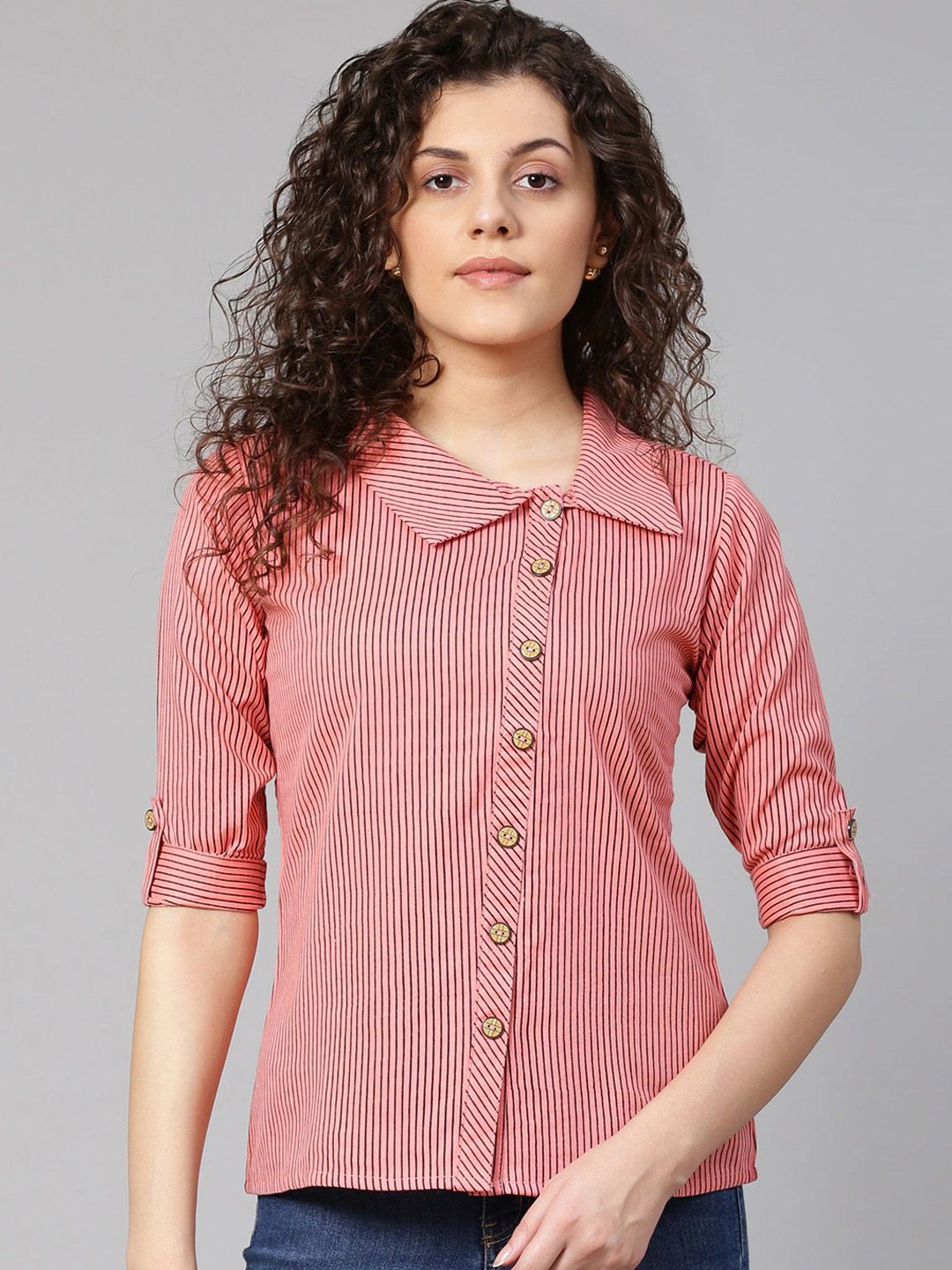 

YASH GALLERY Women Striped Cutaway Collar Party Shirt, Pink
