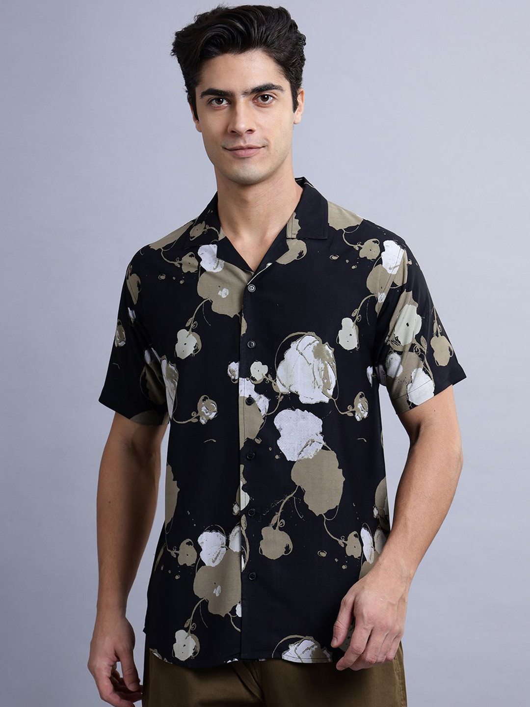 

N AND J Men Classic Abstract Printed Cotton Casual Shirt, Black