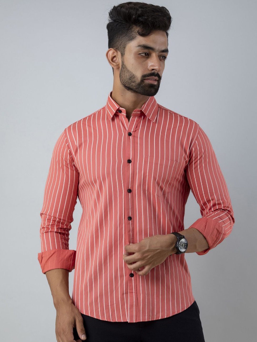 

Vcom Men Classic Spread Collar Vertical Striped Cotton Slim Fit Casual Shirt, Pink