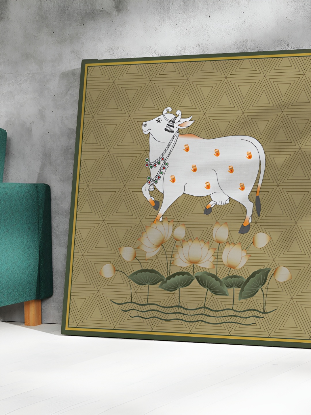 

Aura Green & White Pichwai Cow Religious Canvas Wall Art