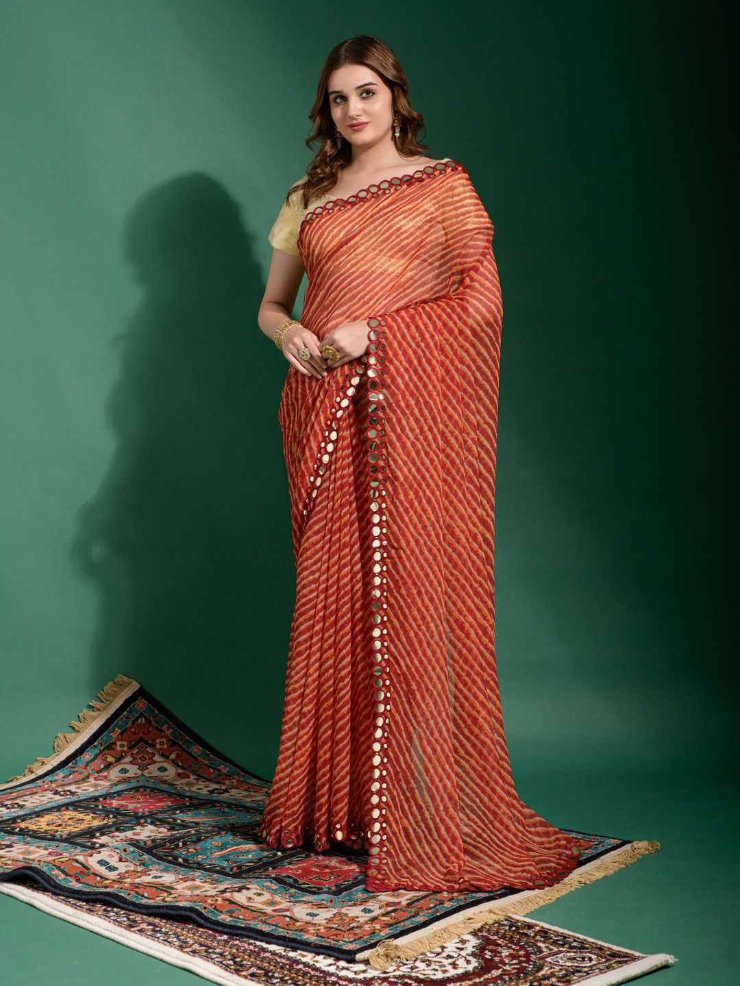 

Krimmple Leheriya Mirror Work Pure Chiffon Fusion Saree, Maroon