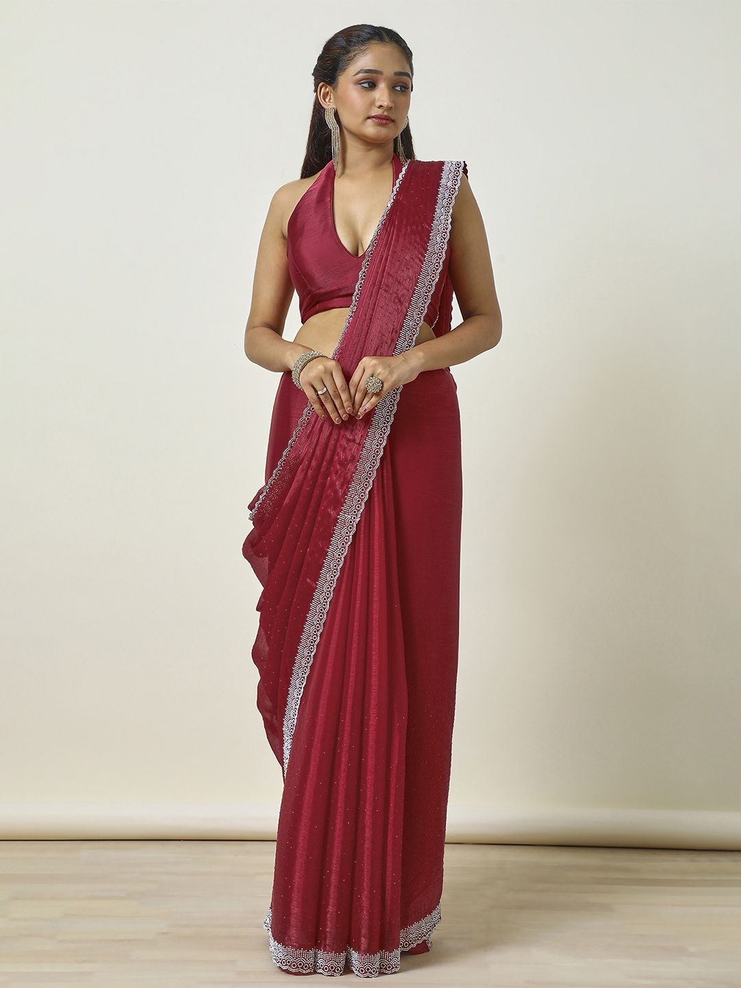 

Soch Embellished Beads and Stones Tissue Heavy Work Saree, Maroon