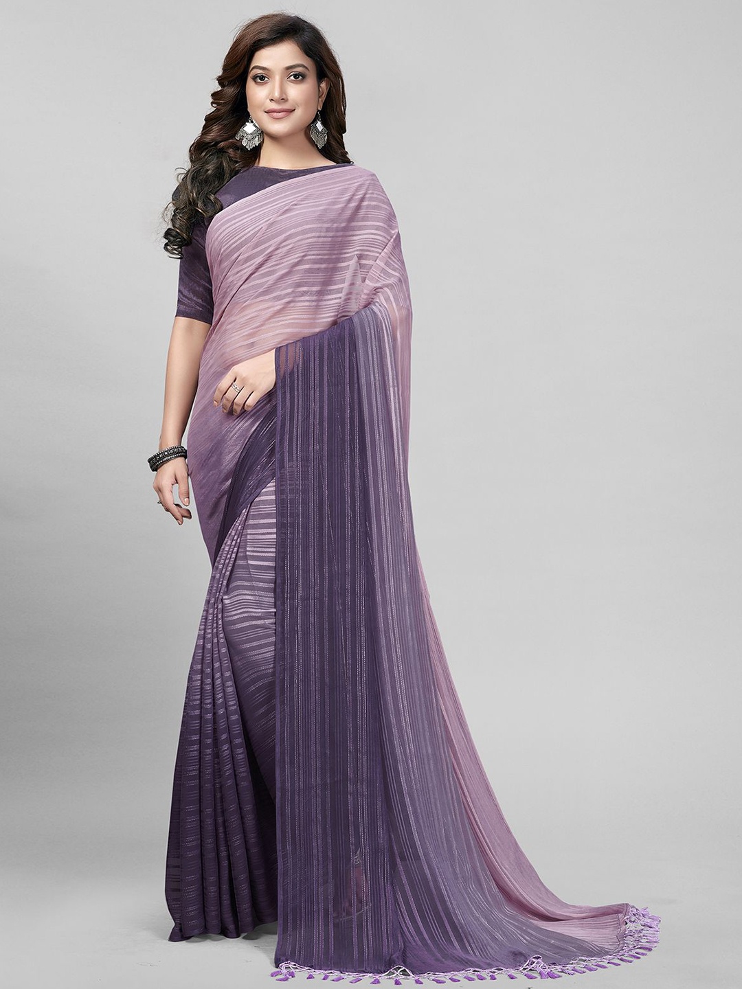 

KALINI Striped Embellished Saree, Purple
