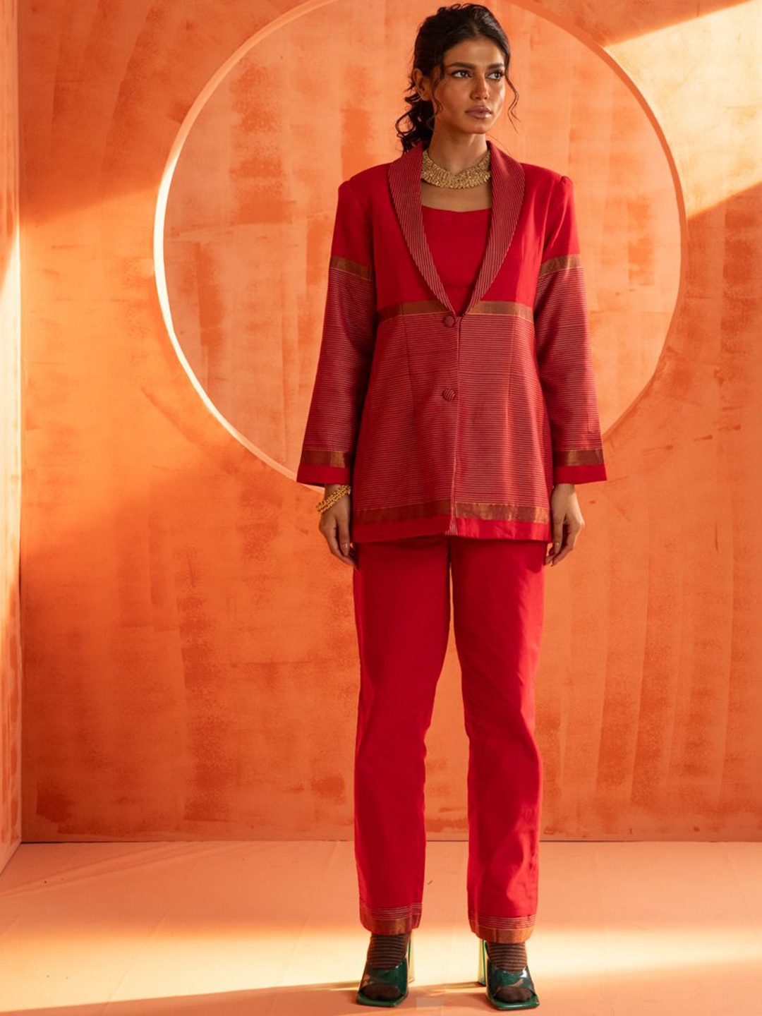 

Indethnic Striped V-Neck Pure Cotton Shirt With Trousers & Jacket, Red